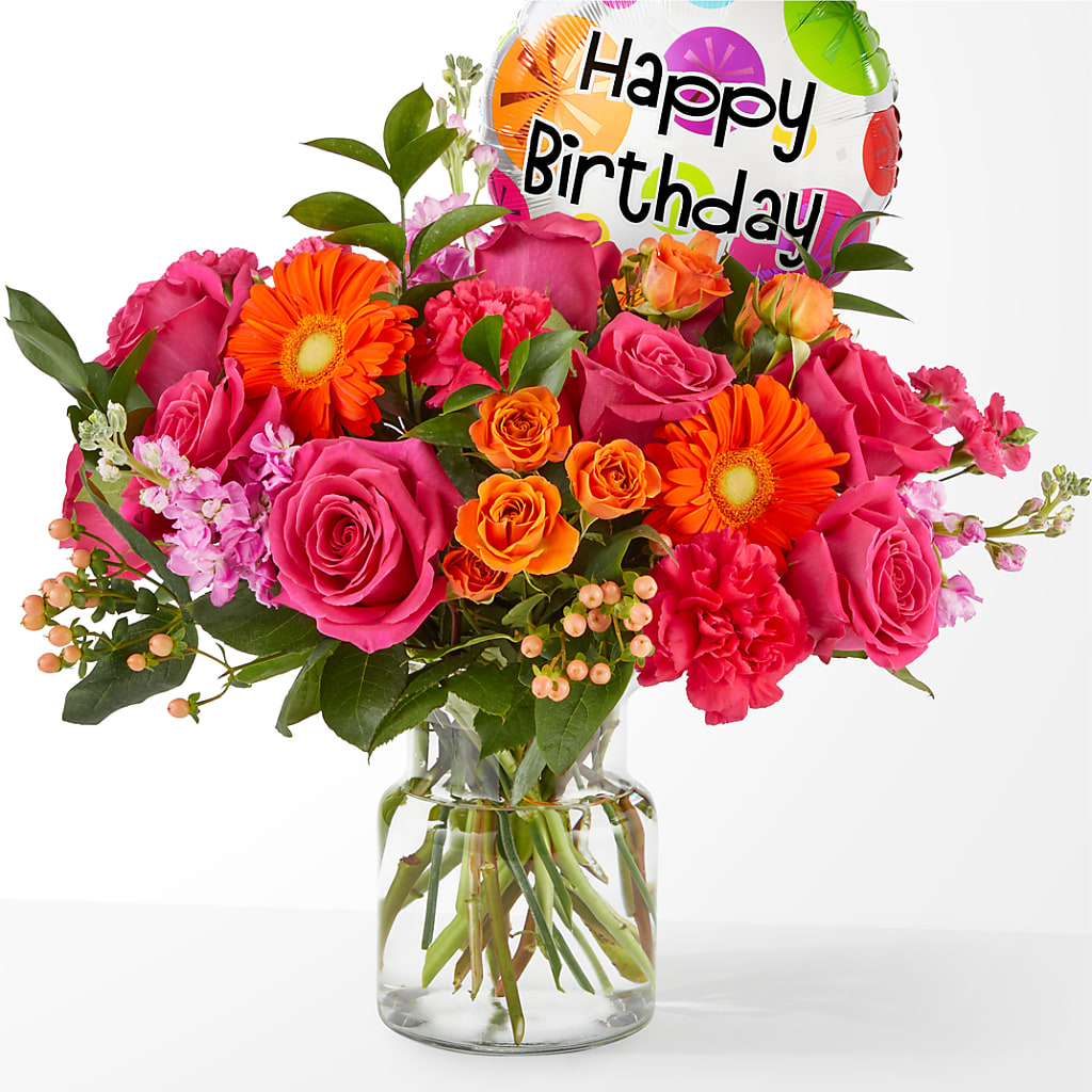 Fiesta Bouquet with Birthday Balloon – Petal Pockets, Fontana CA