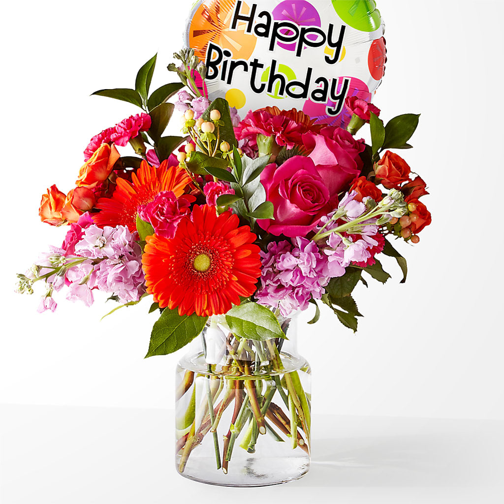 Fiesta Bouquet with Birthday Balloon – Petal Pockets, Fontana CA