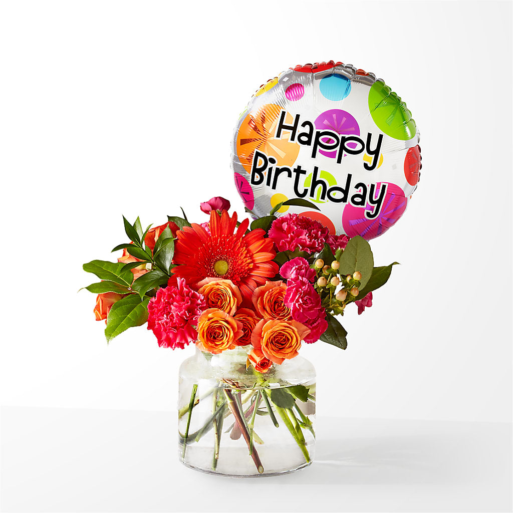 Fiesta Bouquet with Birthday Balloon – Petal Pockets, Fontana CA