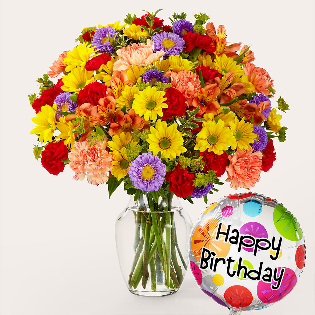 Kaleidoscope Bouquet with Birthday Balloon – Petal Pockets, Fontana CA