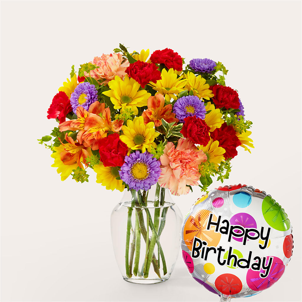 Kaleidoscope Bouquet with Birthday Balloon – Petal Pockets, Fontana CA