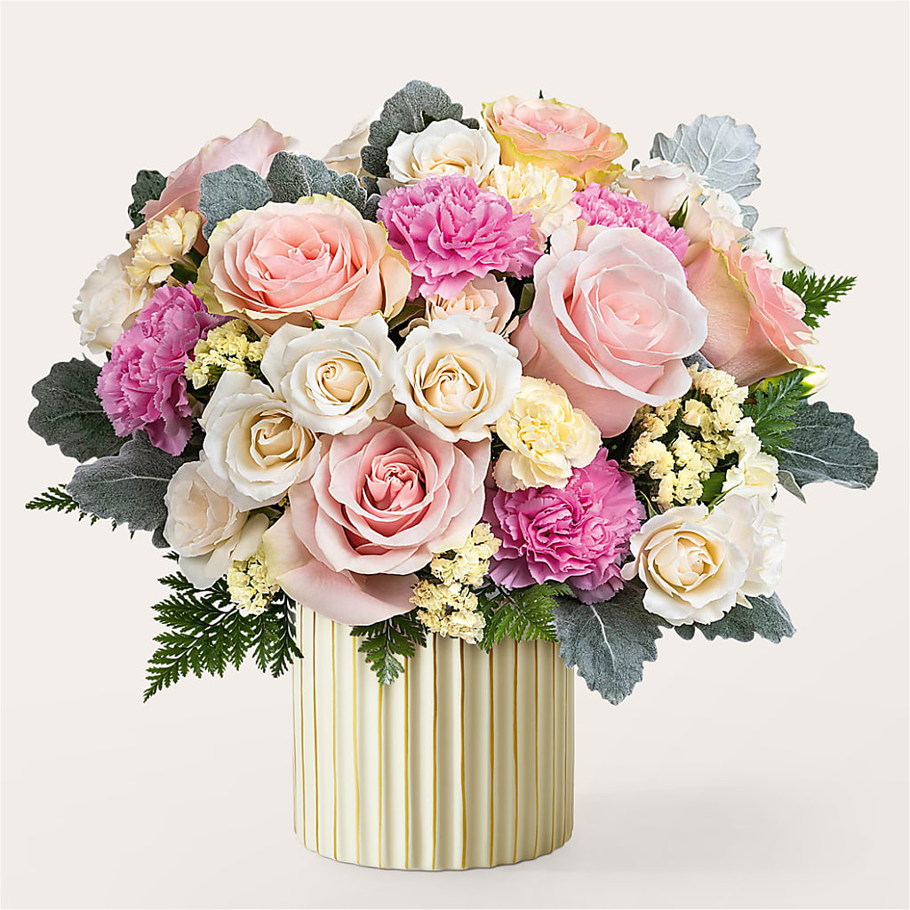 Blissful Moments Bouquet with Ivory Vase – Petal Pockets, Fontana CA