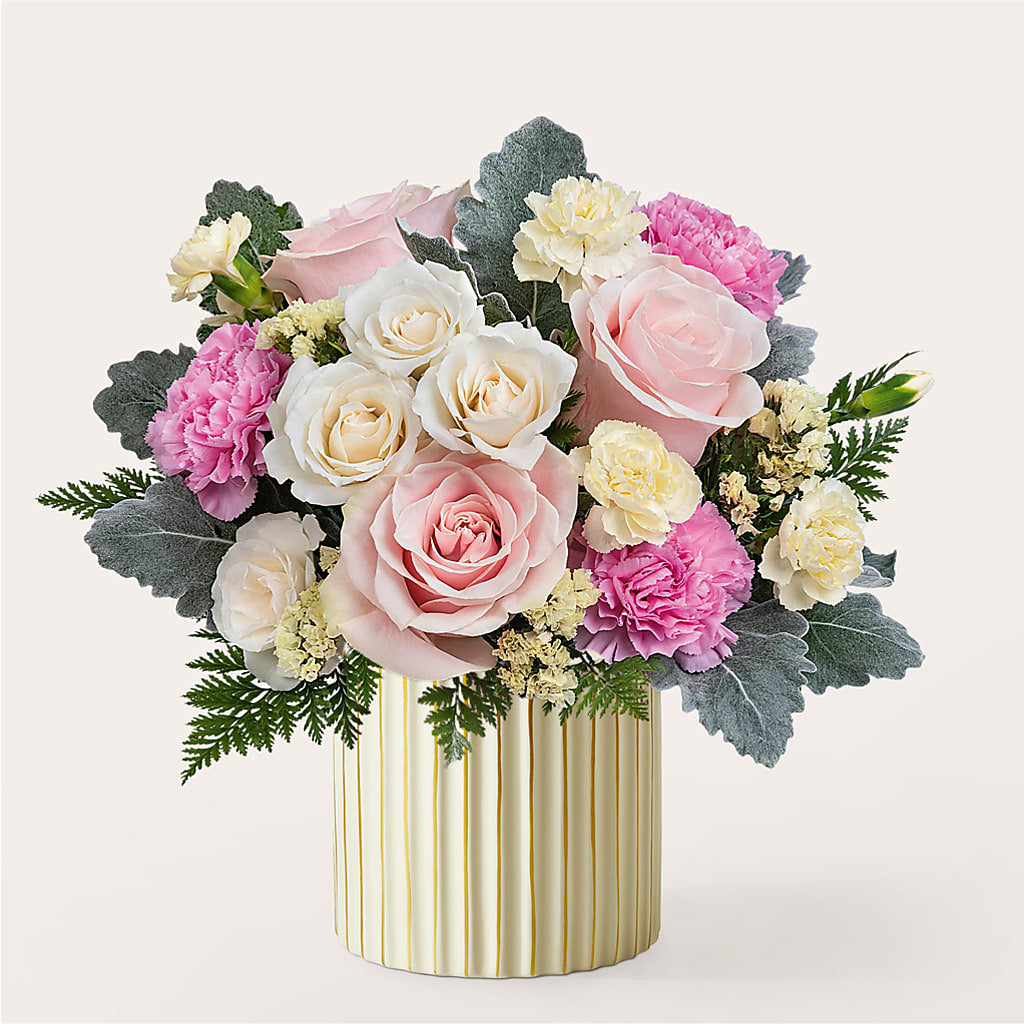 Blissful Moments Bouquet with Ivory Vase – Petal Pockets, Fontana CA