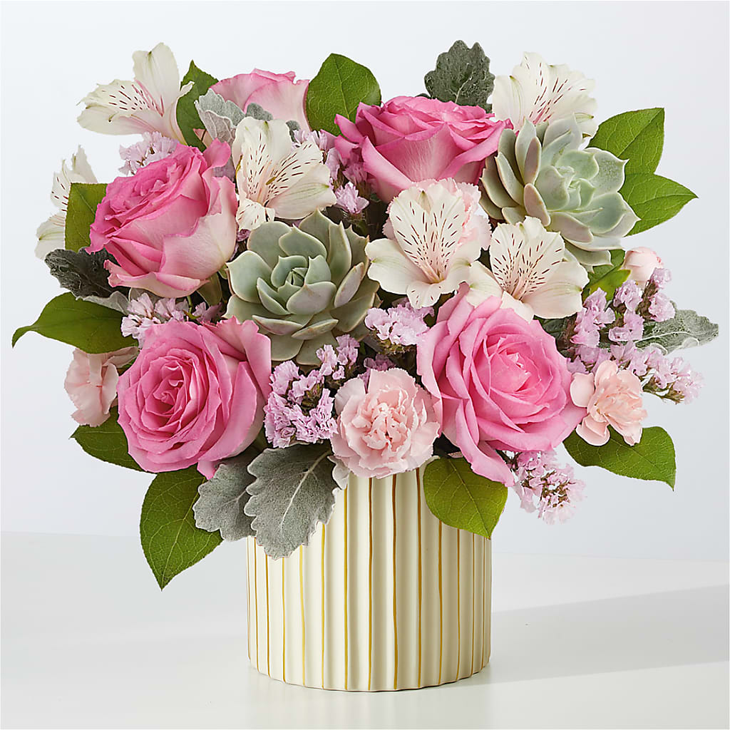Dusty Rose Bouquet with Ivory Vase – Petal Pockets, Fontana CA