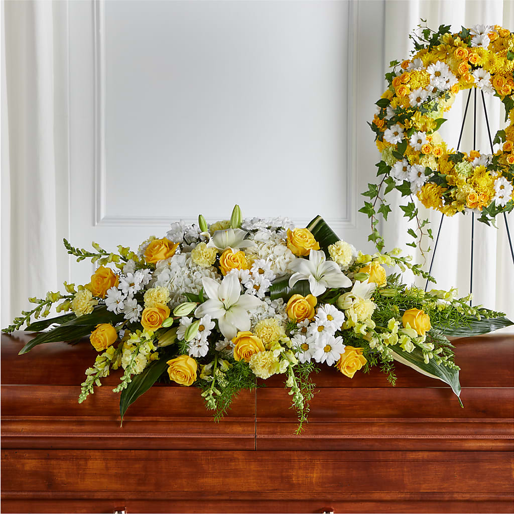 Golden Harmony Casket Spray – Petal Pockets, Fontana CA