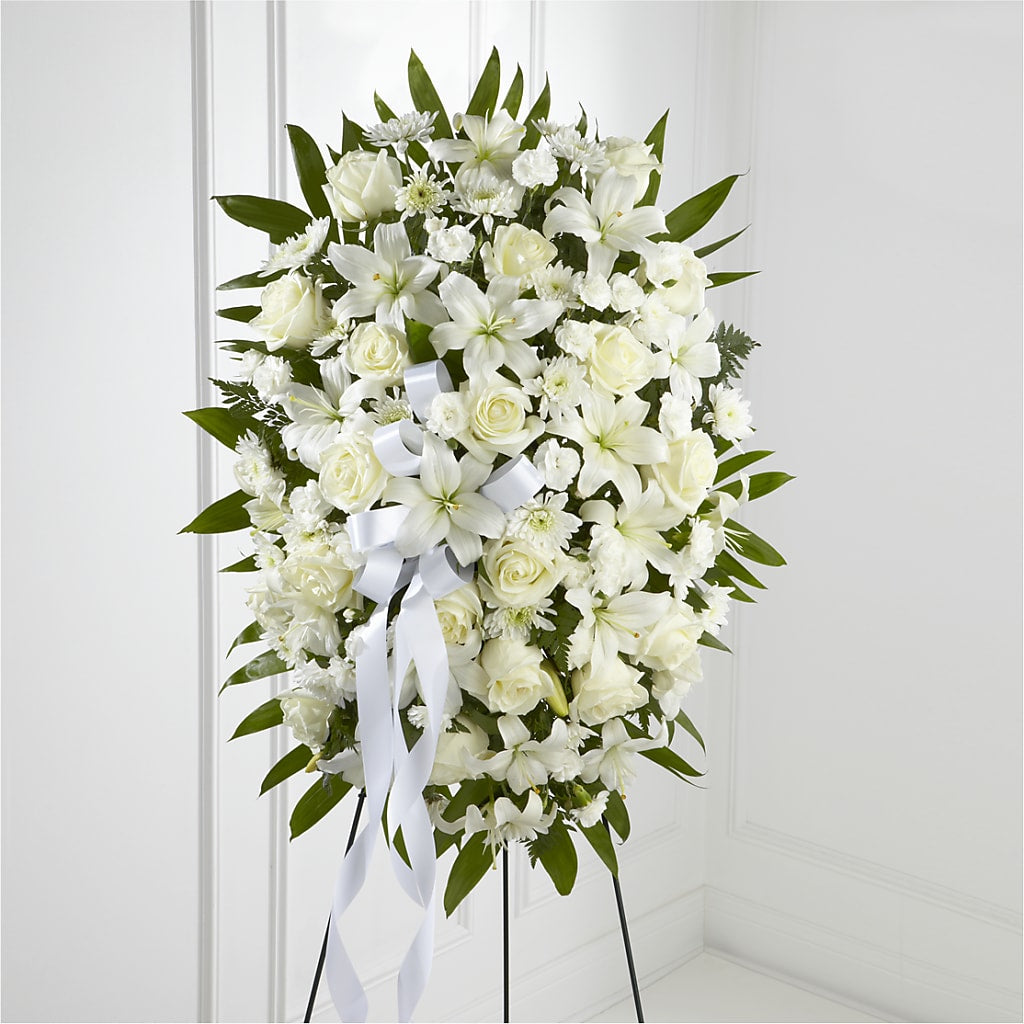 Exquisite Tribute Standing Spray-White Ribbon – Petal Pockets, Fontana CA