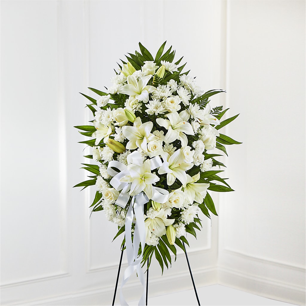 Exquisite Tribute Standing Spray-White Ribbon – Petal Pockets, Fontana CA