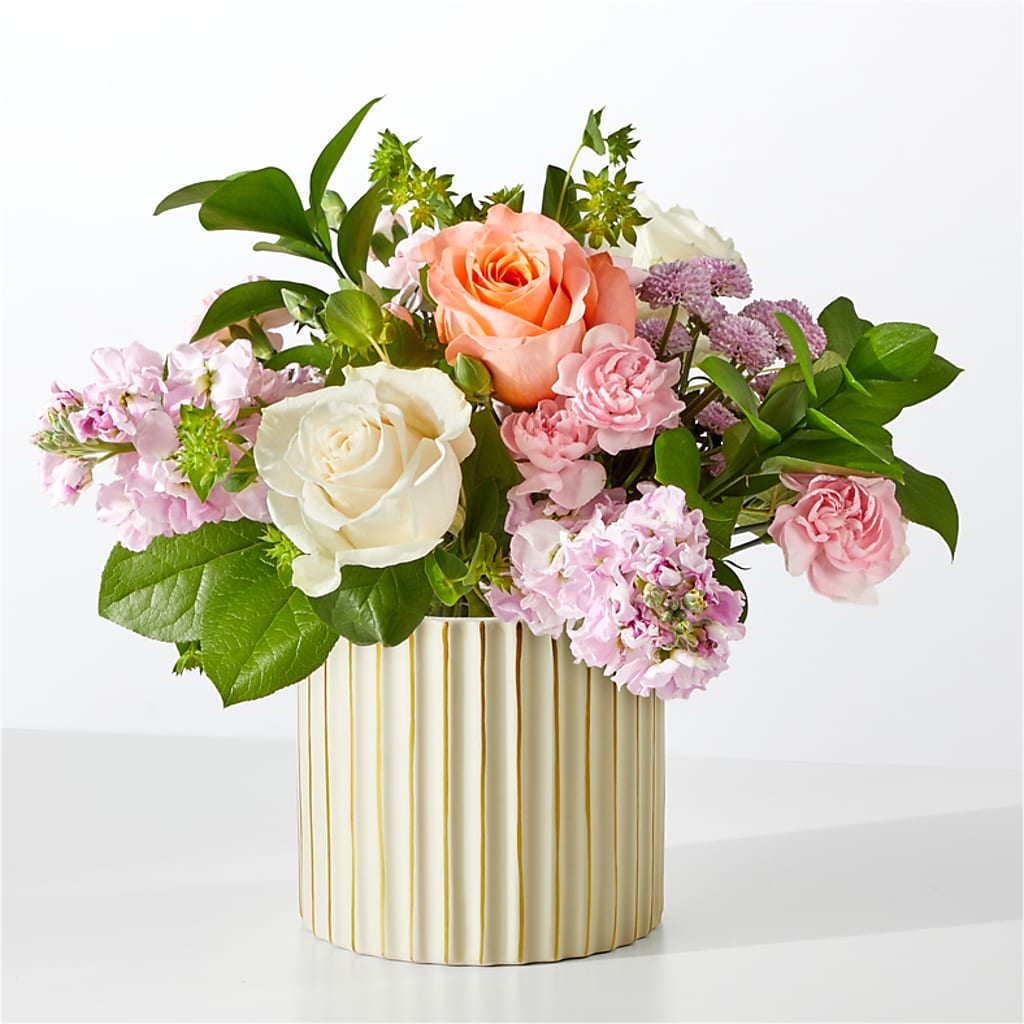 French Market Bouquet with Ivory Vase – Petal Pockets, Fontana CA